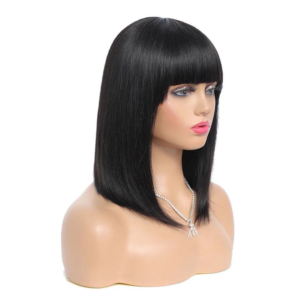 Women's short real hair bob wig with Qi bangs in black colour, available in 8 to 14 inch lengths
