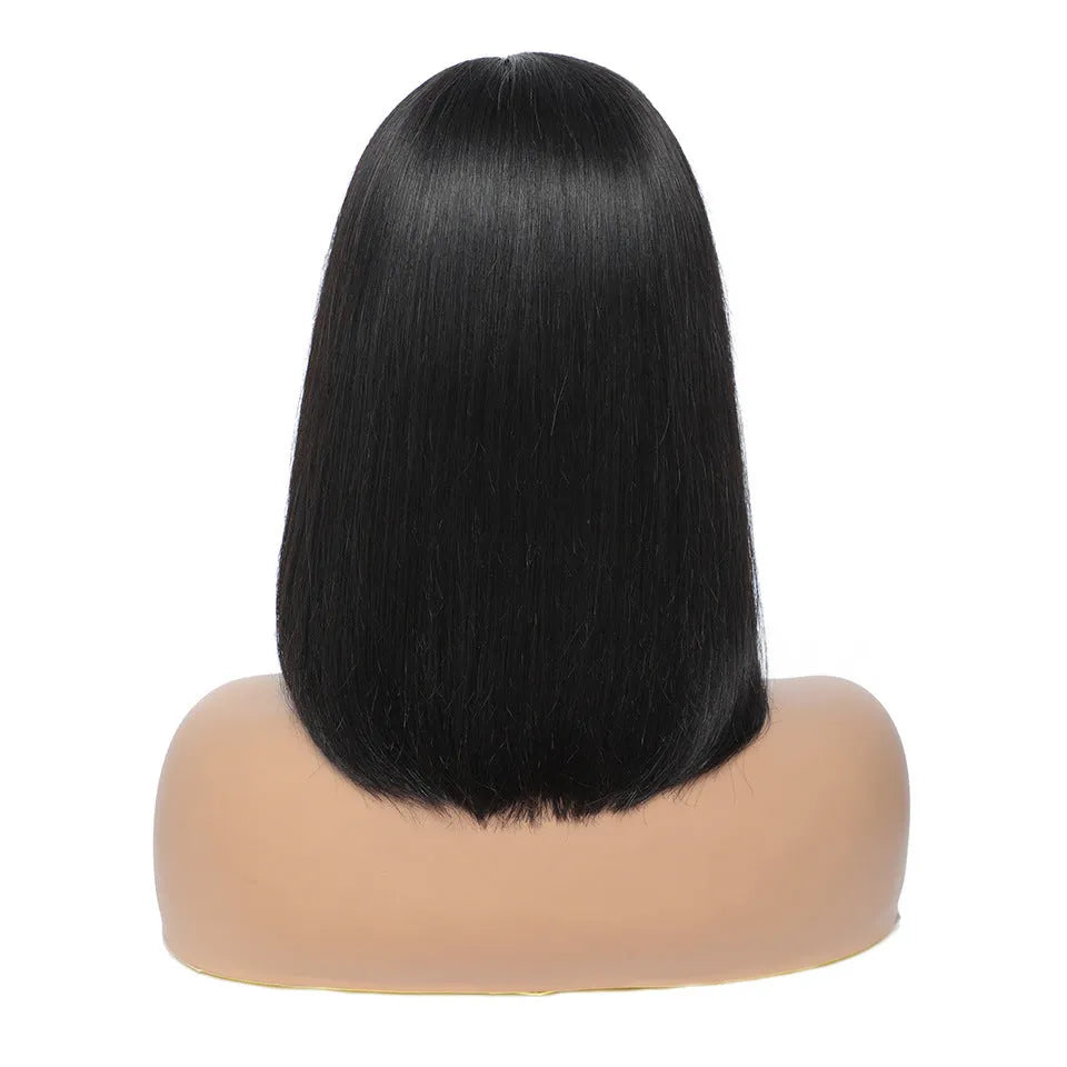 Women's short real hair bob wig with Qi bangs in black colour, available in 8 to 14 inch lengths