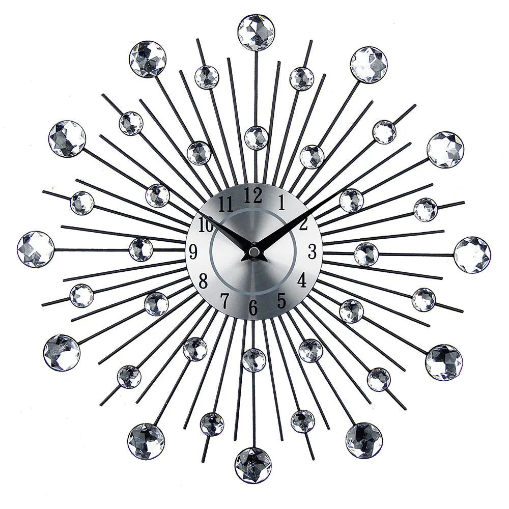 Silver round wall clock with metal frame showing pointer and number display on 33cm diameter face