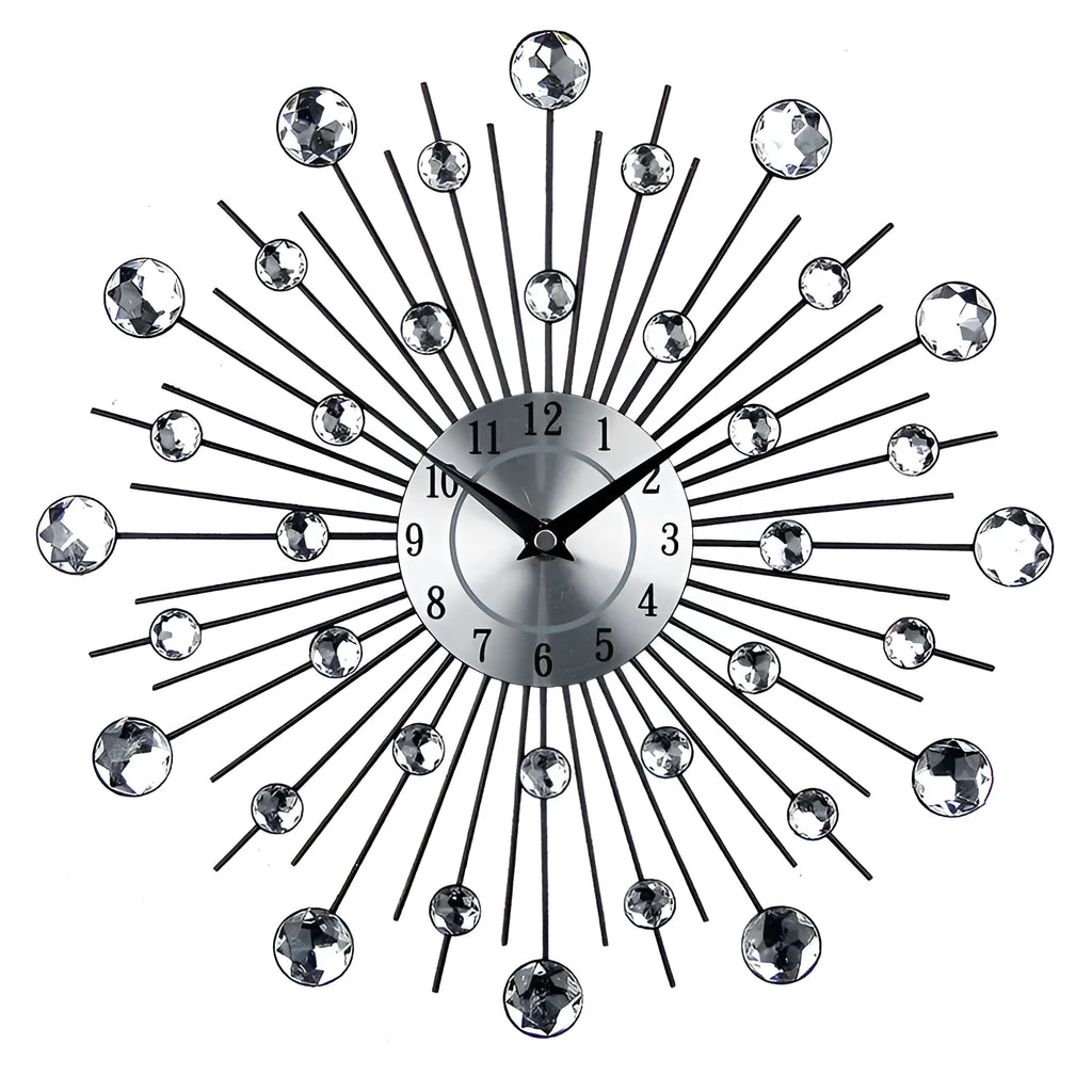 Silver round wall clock with metal frame showing pointer and number display on 33cm diameter face