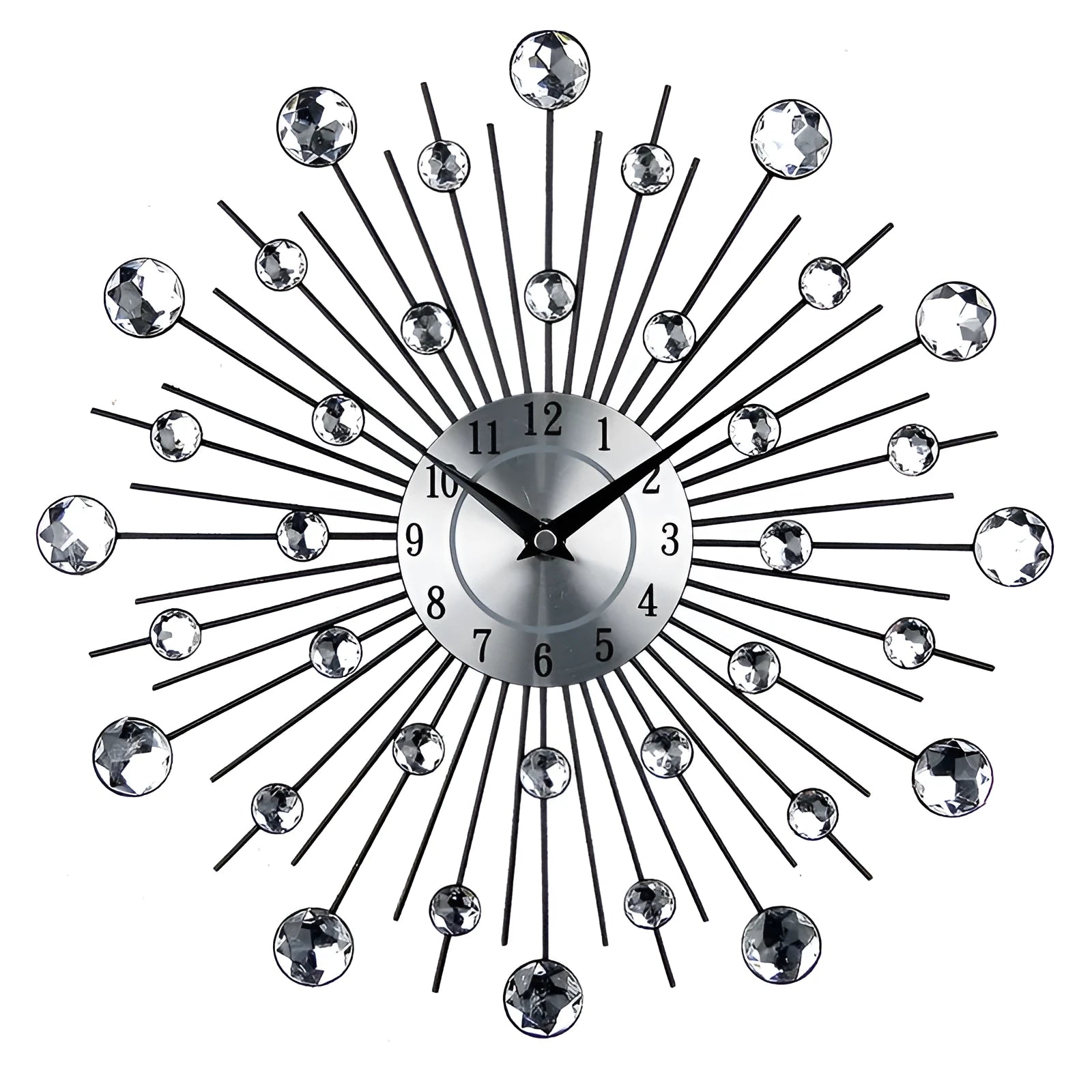 Silver round wall clock with metal frame showing pointer and number display on 33cm diameter face
