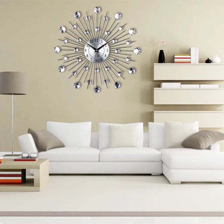 Silver round wall clock with metal frame showing pointer and number display on 33cm diameter face