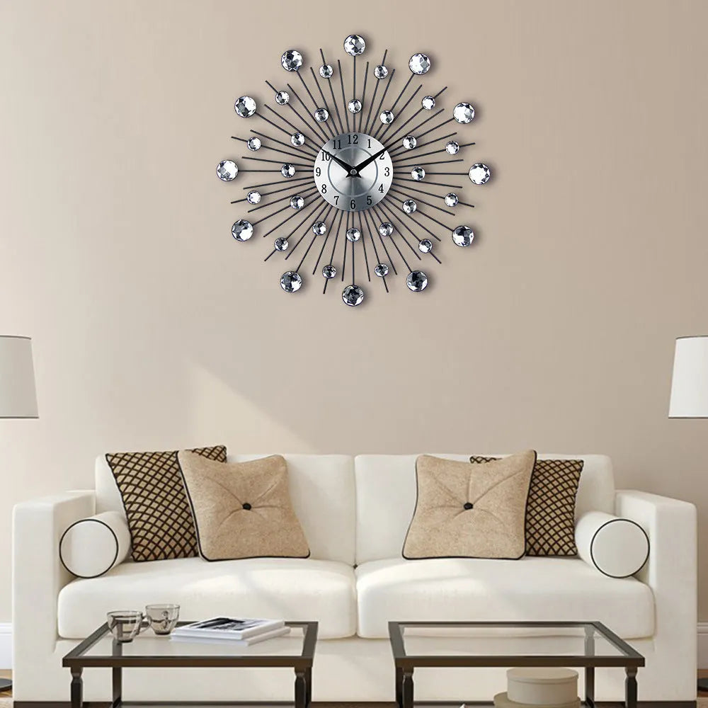 Silver round wall clock with metal frame showing pointer and number display on 33cm diameter face