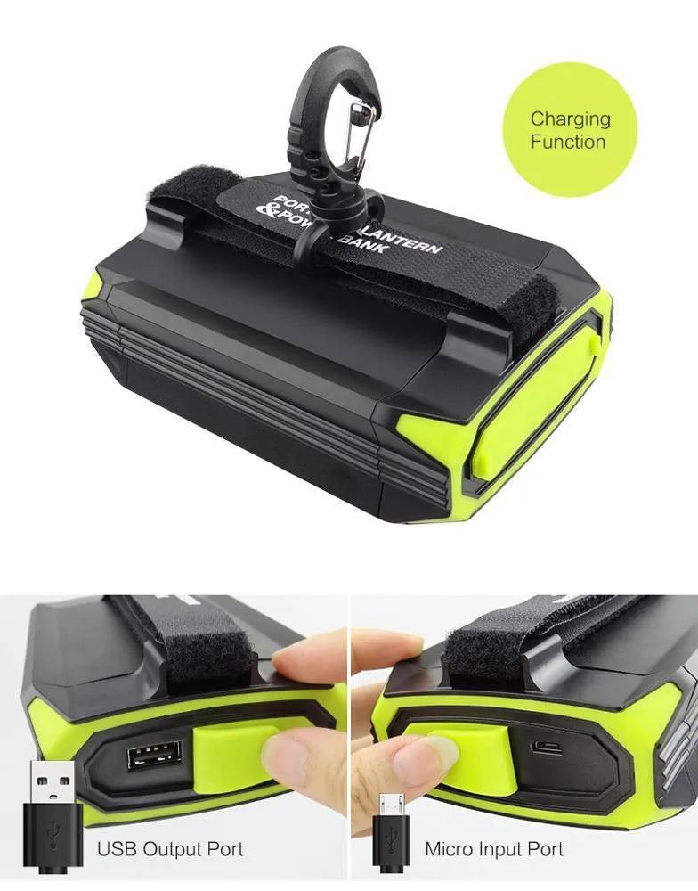 Green aluminium alloy camping light with LED array and power bank function