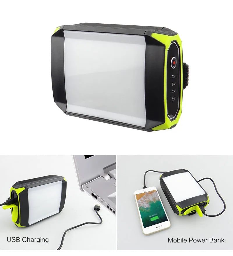 Green aluminium alloy camping light with LED array and power bank function