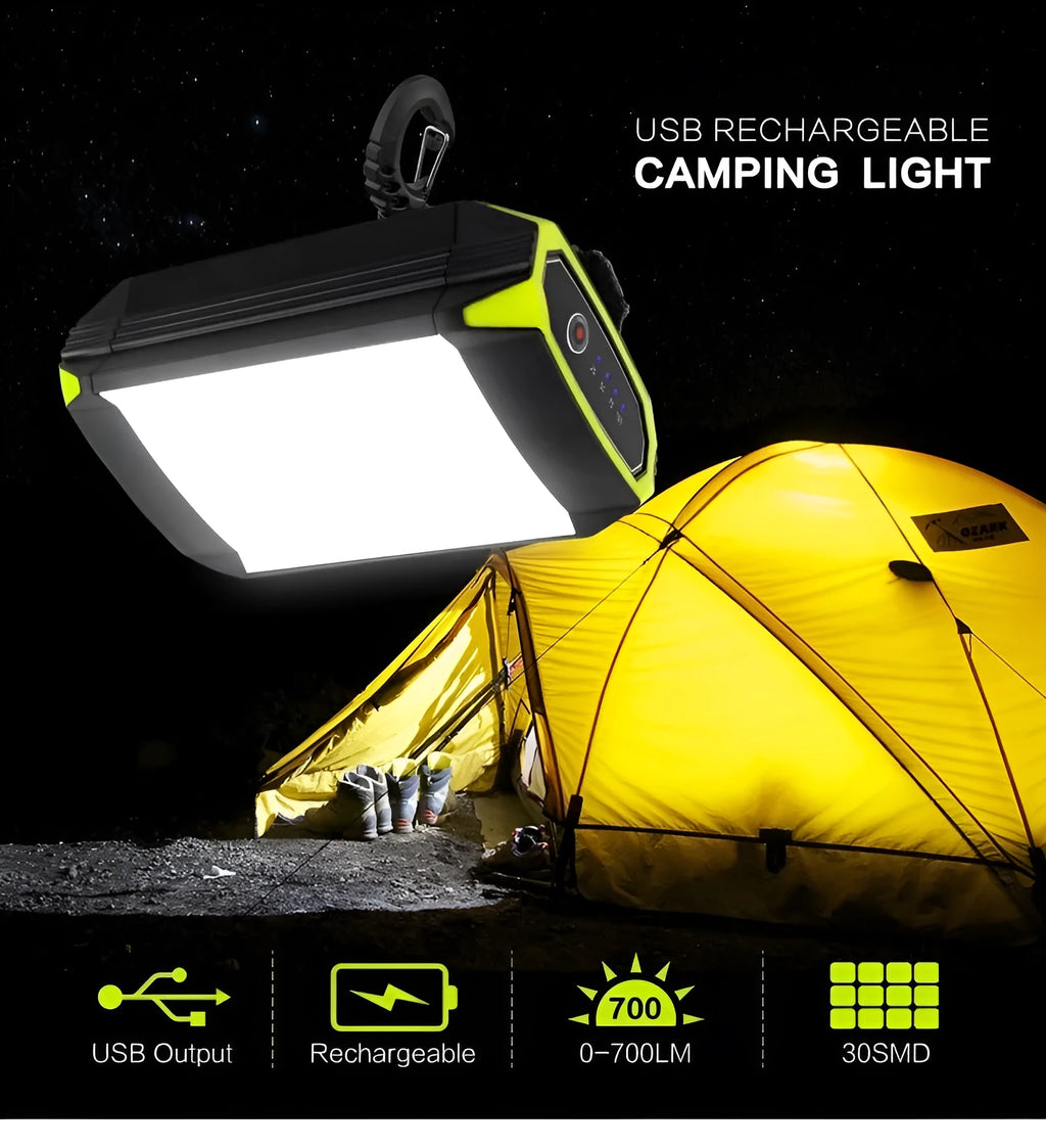 Green aluminium alloy camping light with LED array and power bank function
