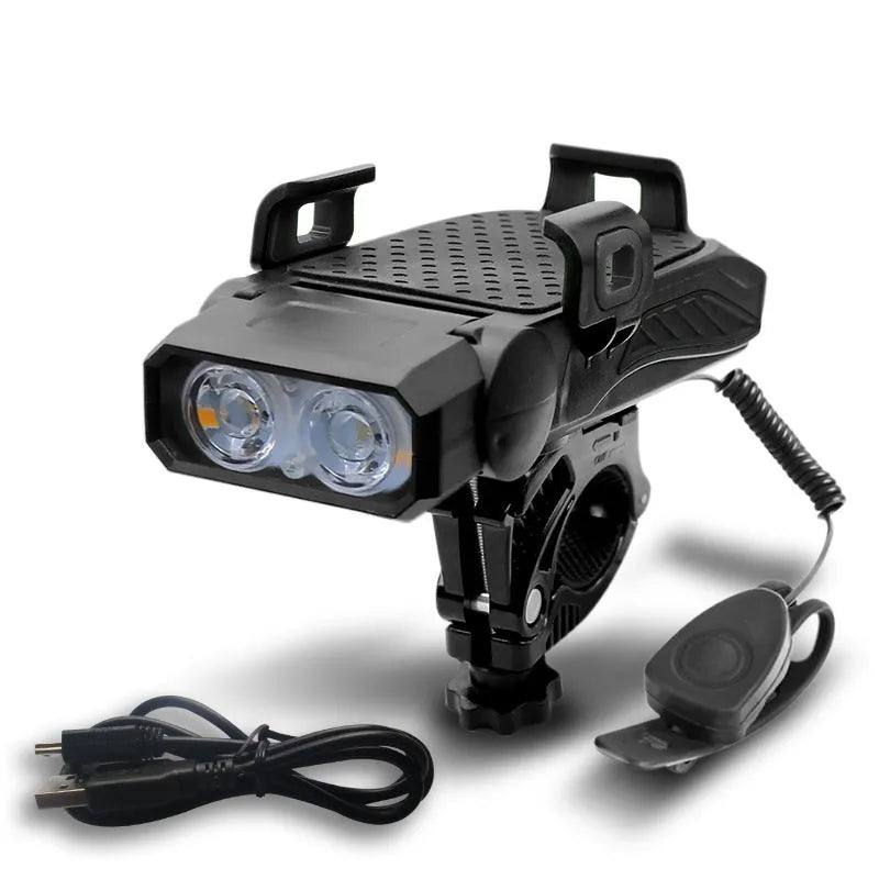 Rechargeable bicycle light mounted on handlebars with LED glare flashlight