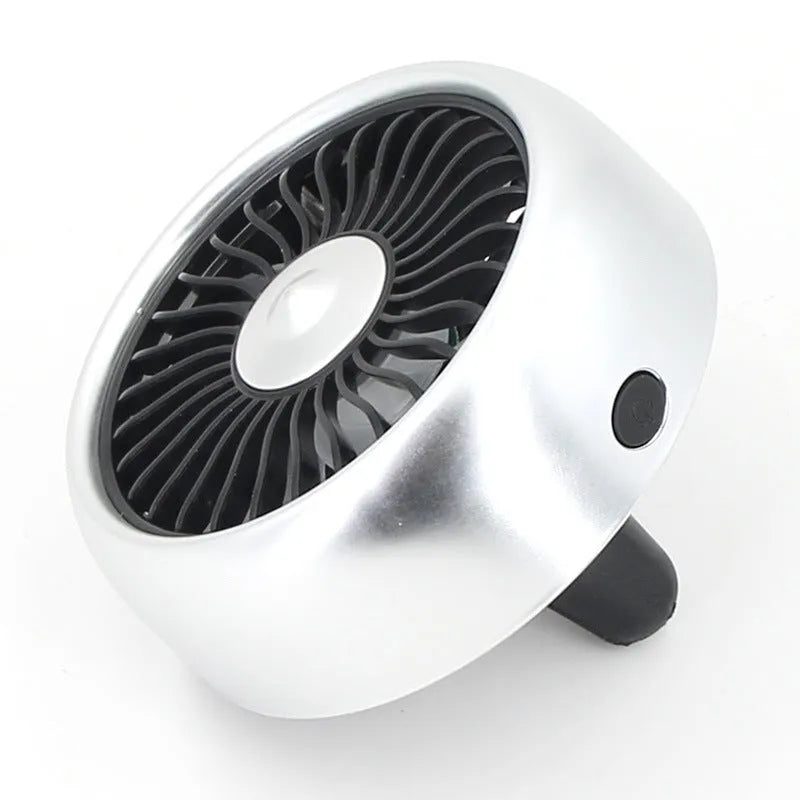Car multi-function USB fan with three speeds and lighting effect, black ABS, fitting straight-blade air vent