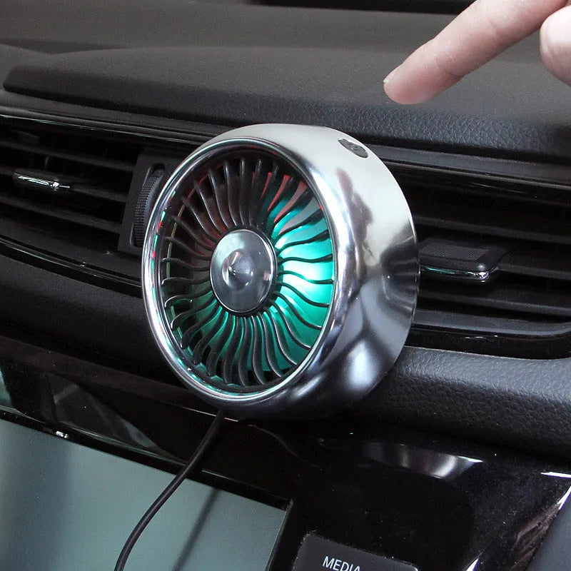 Car multi-function USB fan with three speeds and lighting effect, black ABS, fitting straight-blade air vent