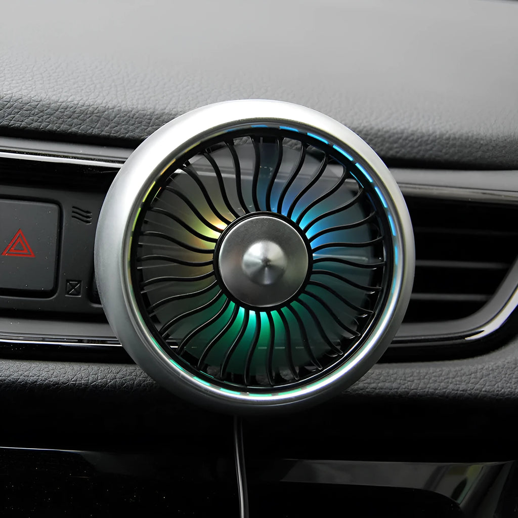 Car multi-function USB fan with three speeds and lighting effect, black ABS, fitting straight-blade air vent