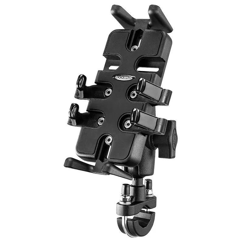 Black nylon universal phone mounting bracket with U-shaped clamp for motorcycle and bicycle handlebars.