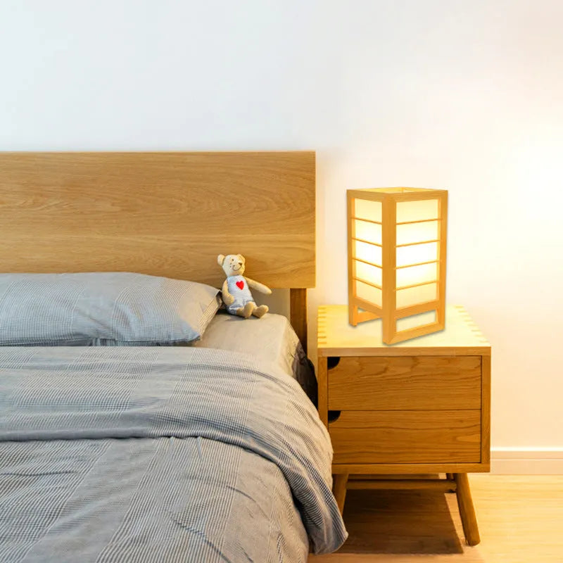 Korean style bamboo wood tatami bedside lamp with simple design on nightstand