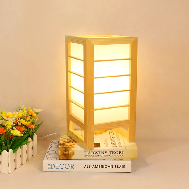 Korean style bamboo wood tatami bedside lamp with simple design on nightstand
