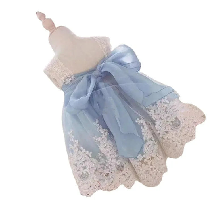 Ocean blue lace princess dress for baby girls with English styling
