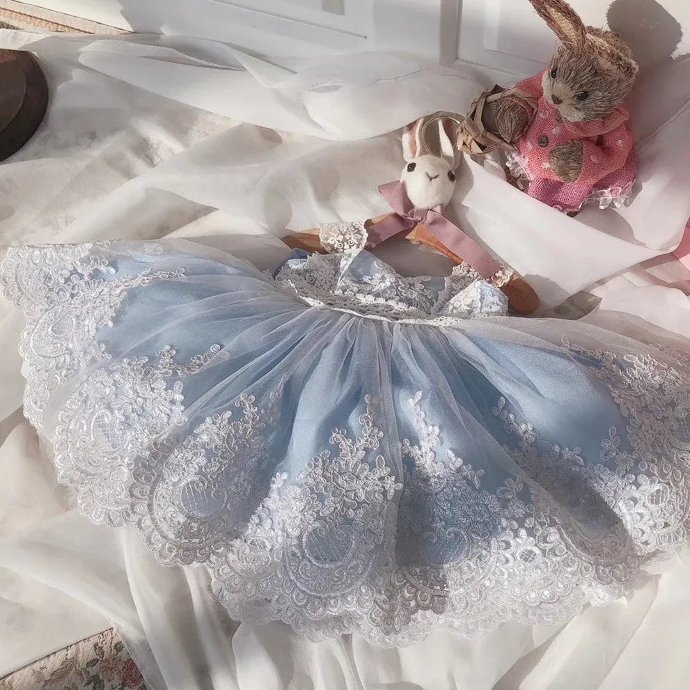 Ocean blue lace princess dress for baby girls with English styling