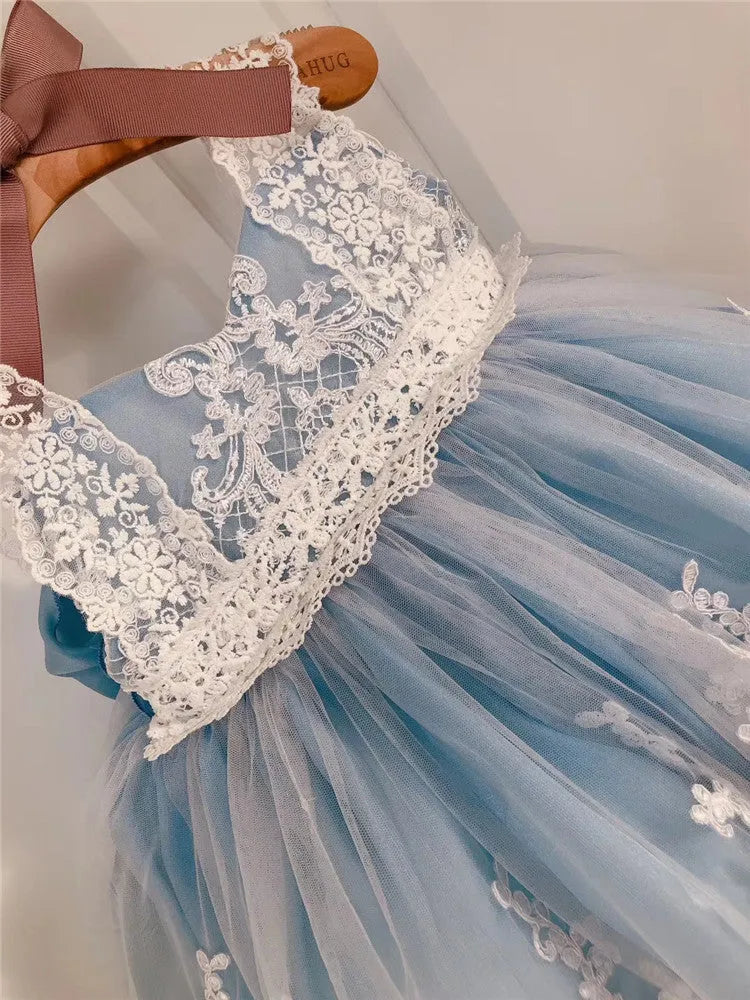 Ocean blue lace princess dress for baby girls with English styling