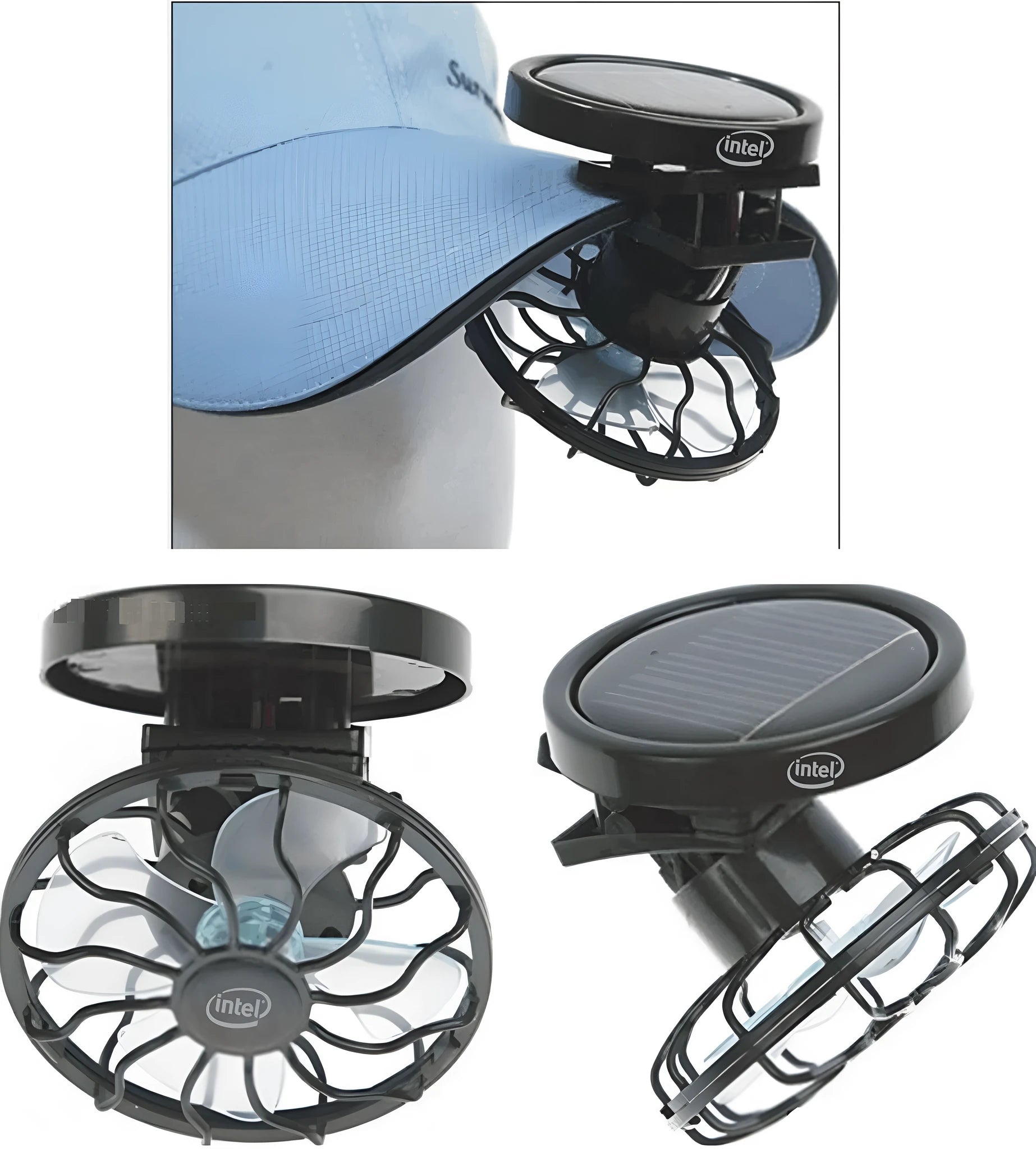 Black solar-powered clip-on fan with portable design for outdoor cooling