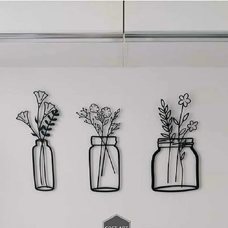 Black iron flower silhouette wall decoration, 40x19 cm, with wall mount on neutral wall