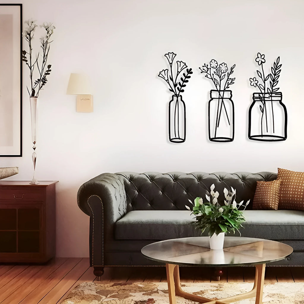 Black iron flower silhouette wall decoration, 40x19 cm, with wall mount on neutral wall