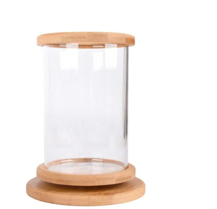 Small glass aquarium with natural bamboo base, 14.5cm diameter, 18cm height, wood colour, mini fish bowl for desk