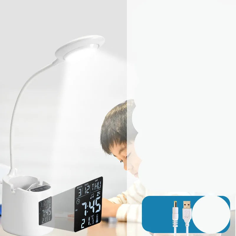 White USB rechargeable desk lamp with adjustable neck and touch control switch.
