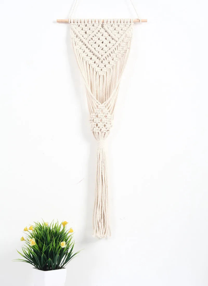 White handwoven cotton wall tapestry with a rectangular grid pattern, measuring 30cm by 70cm.