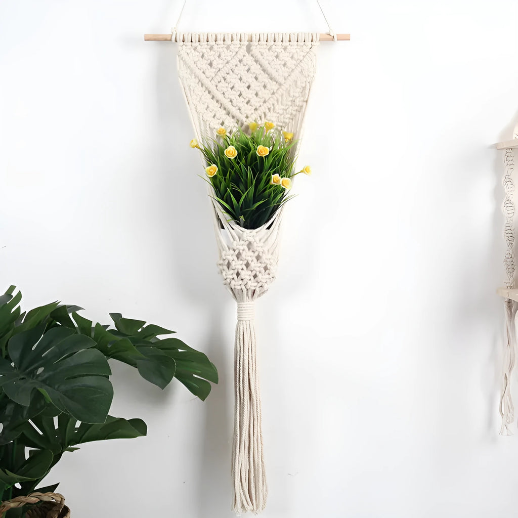 White handwoven cotton wall tapestry with a rectangular grid pattern, measuring 30cm by 70cm.
