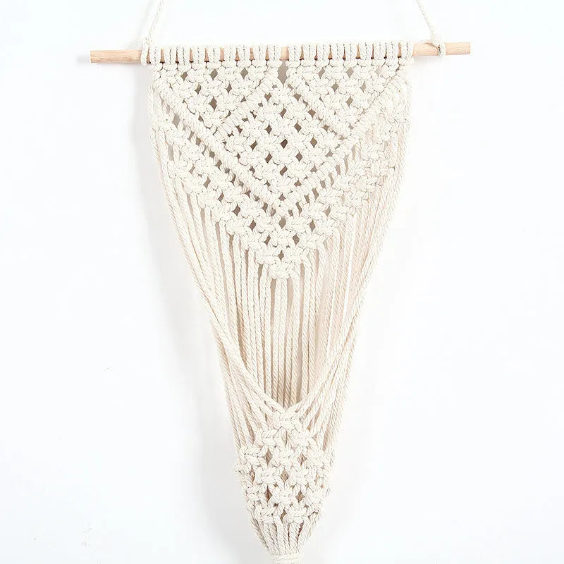 White handwoven cotton wall tapestry with a rectangular grid pattern, measuring 30cm by 70cm.