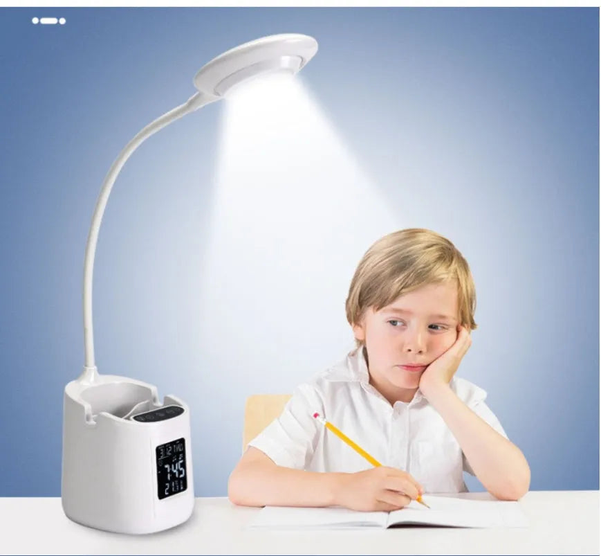 White USB rechargeable desk lamp with adjustable neck and touch control switch.