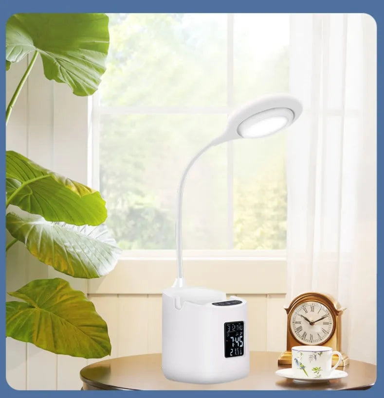White USB rechargeable desk lamp with adjustable neck and touch control switch.