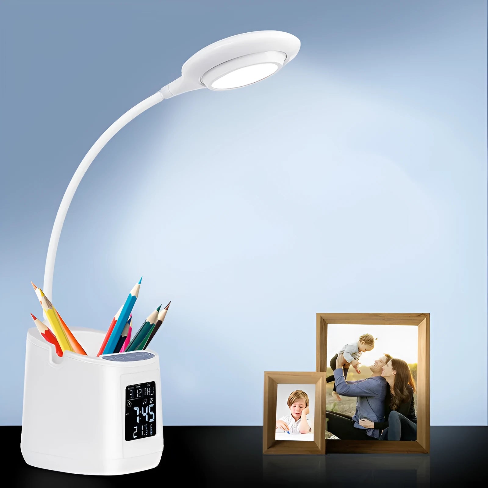 White USB rechargeable desk lamp with adjustable neck and touch control switch.