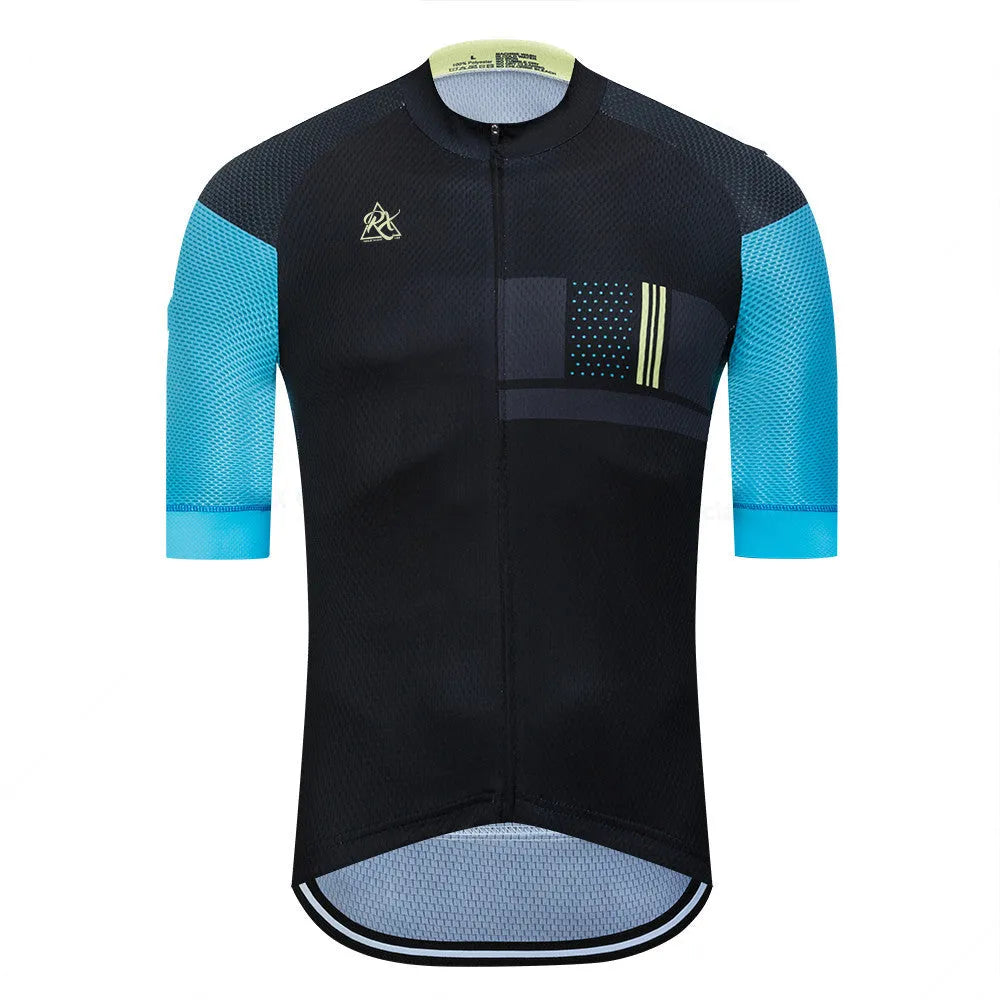 Raudax men's short sleeve cycling jersey in summer yellow and black, front view, 100% polyester fabric