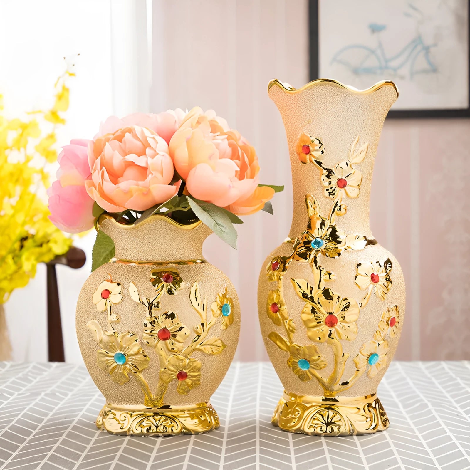 Ceramic vase with electroplated gold finish, European style, 22.5cm height, on a tabletop