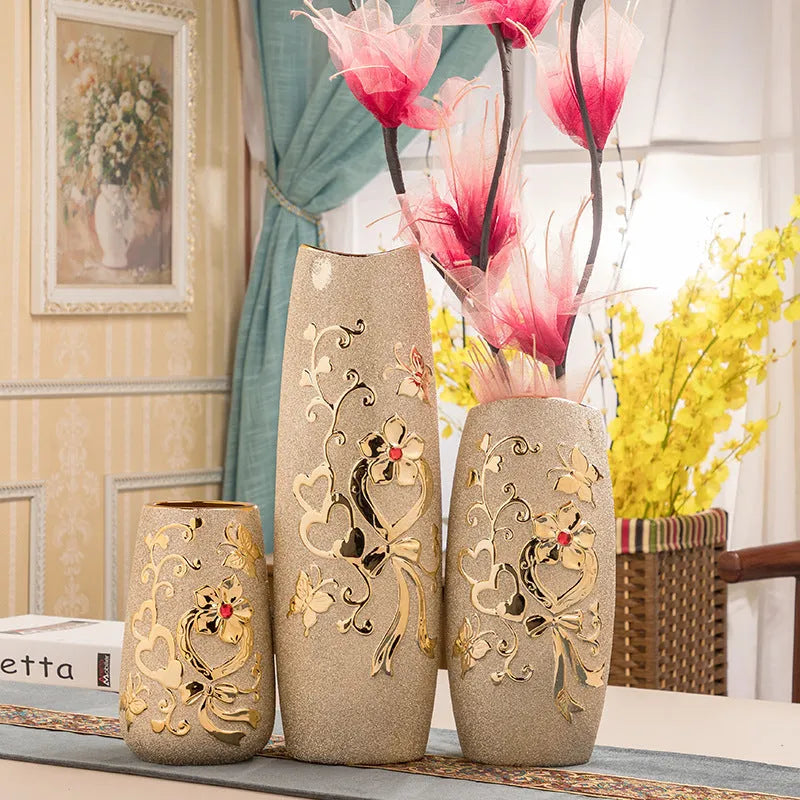 Ceramic vase with electroplated gold finish, European style, 22.5cm height, on a tabletop