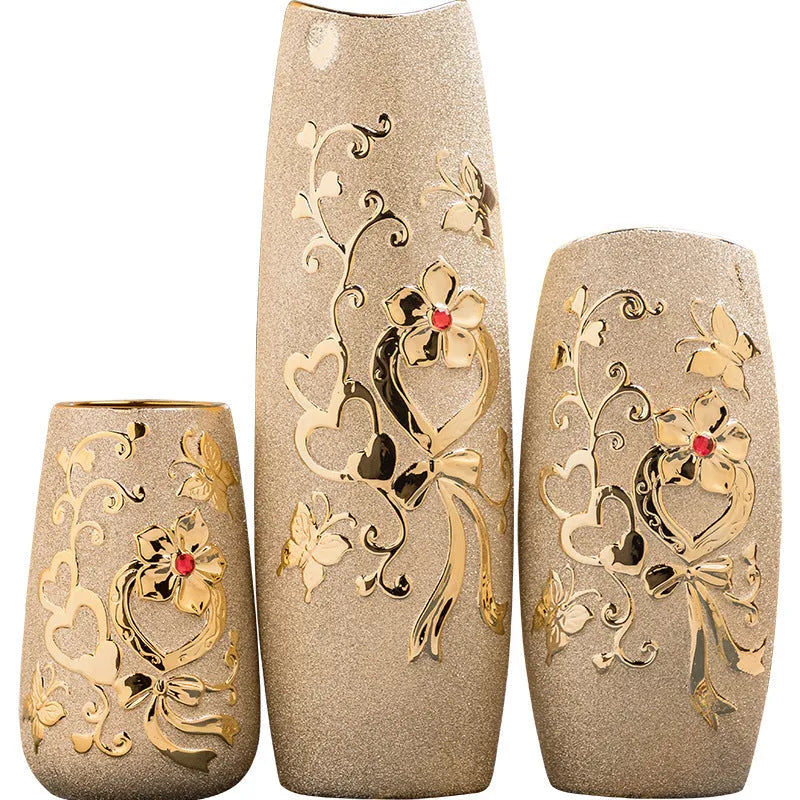 Ceramic vase with electroplated gold finish, European style, 22.5cm height, on a tabletop