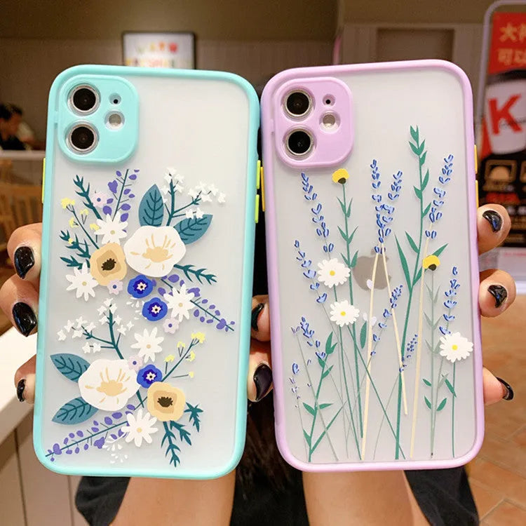 Matte frame iPhone case with floral and cartoon design in pink lavender colour