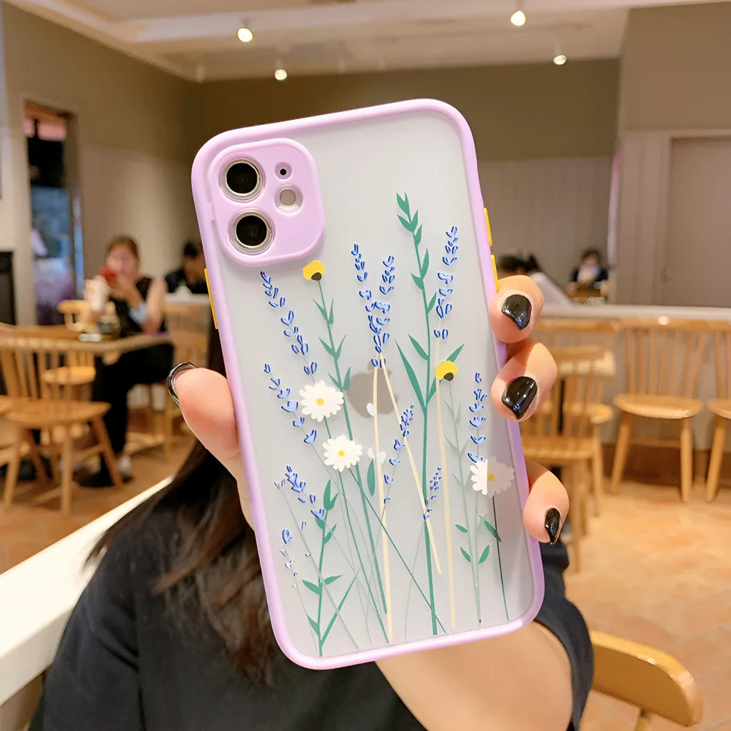 Matte frame iPhone case with floral and cartoon design in pink lavender colour