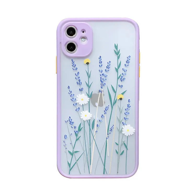 Matte frame iPhone case with floral and cartoon design in pink lavender colour