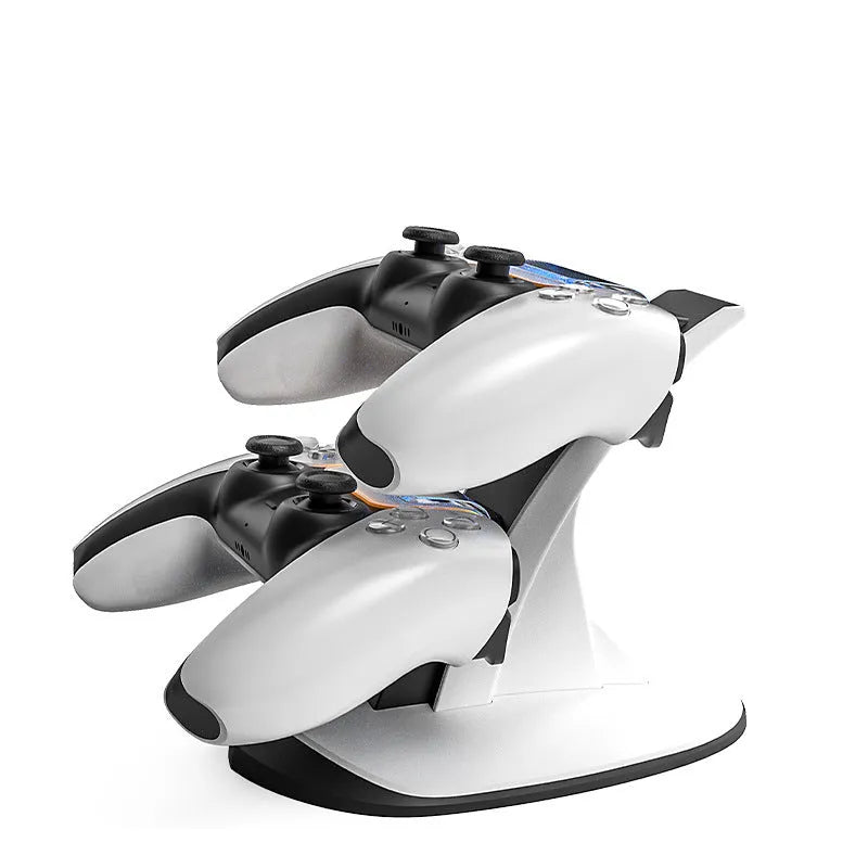 White PS5 dual charger station for two wireless controllers, ABS build, 12x7.5x18.8cm