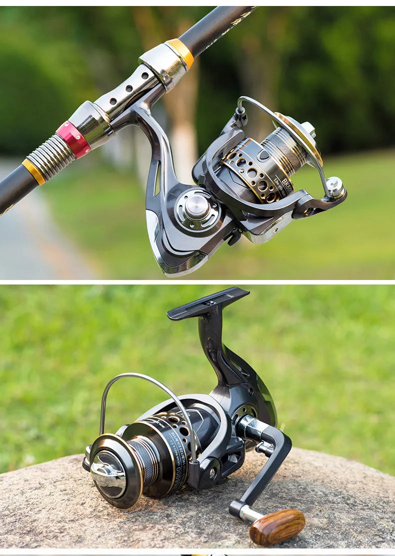 Telescopic fishing rod combo with carbon fibre rod and spinning reel with solid wood handle on a beach