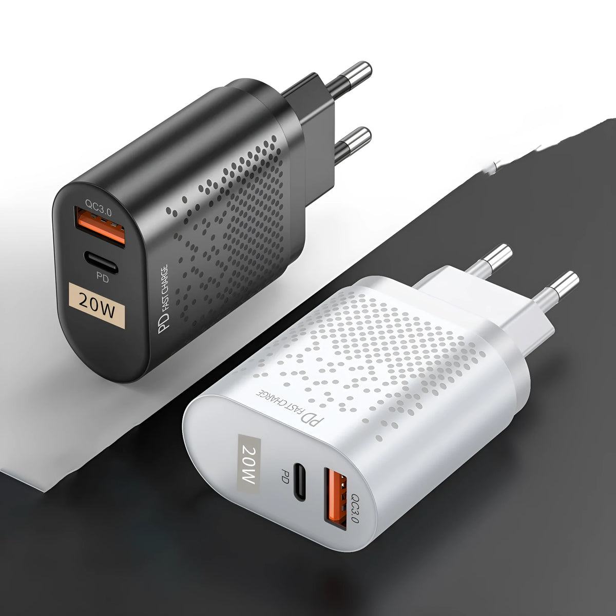 20W dual port QC3.0 PD charging head in black or white with US EU UK plug options, 50x48x86mm
