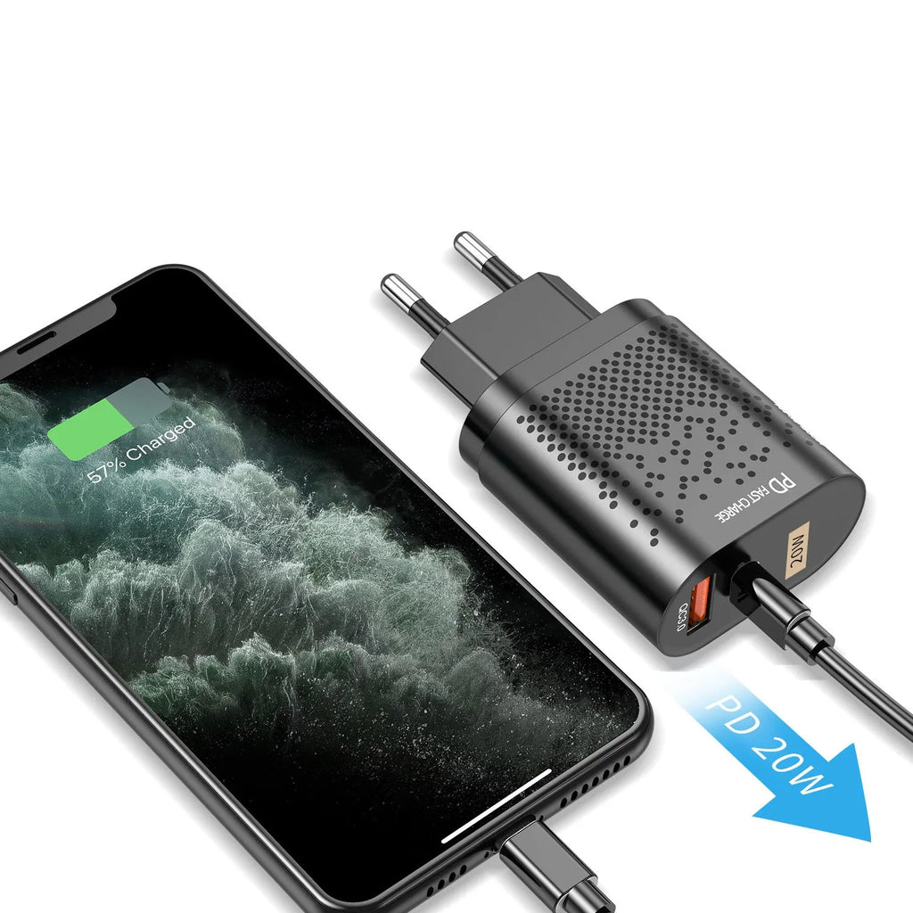 20W dual port QC3.0 PD charging head in black or white with US EU UK plug options, 50x48x86mm