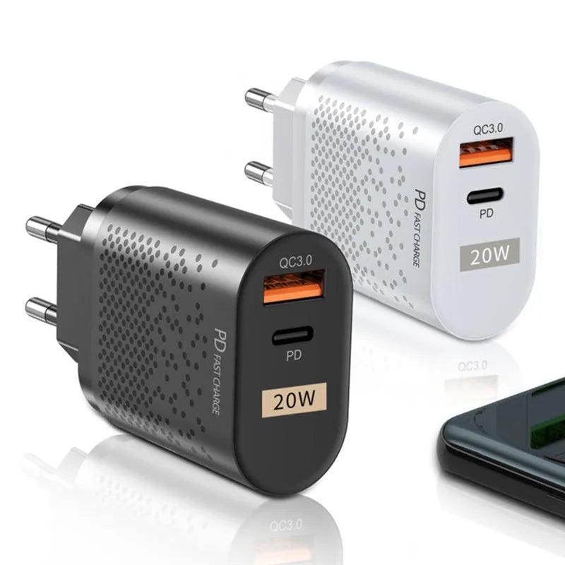 20W dual port QC3.0 PD charging head in black or white with US EU UK plug options, 50x48x86mm