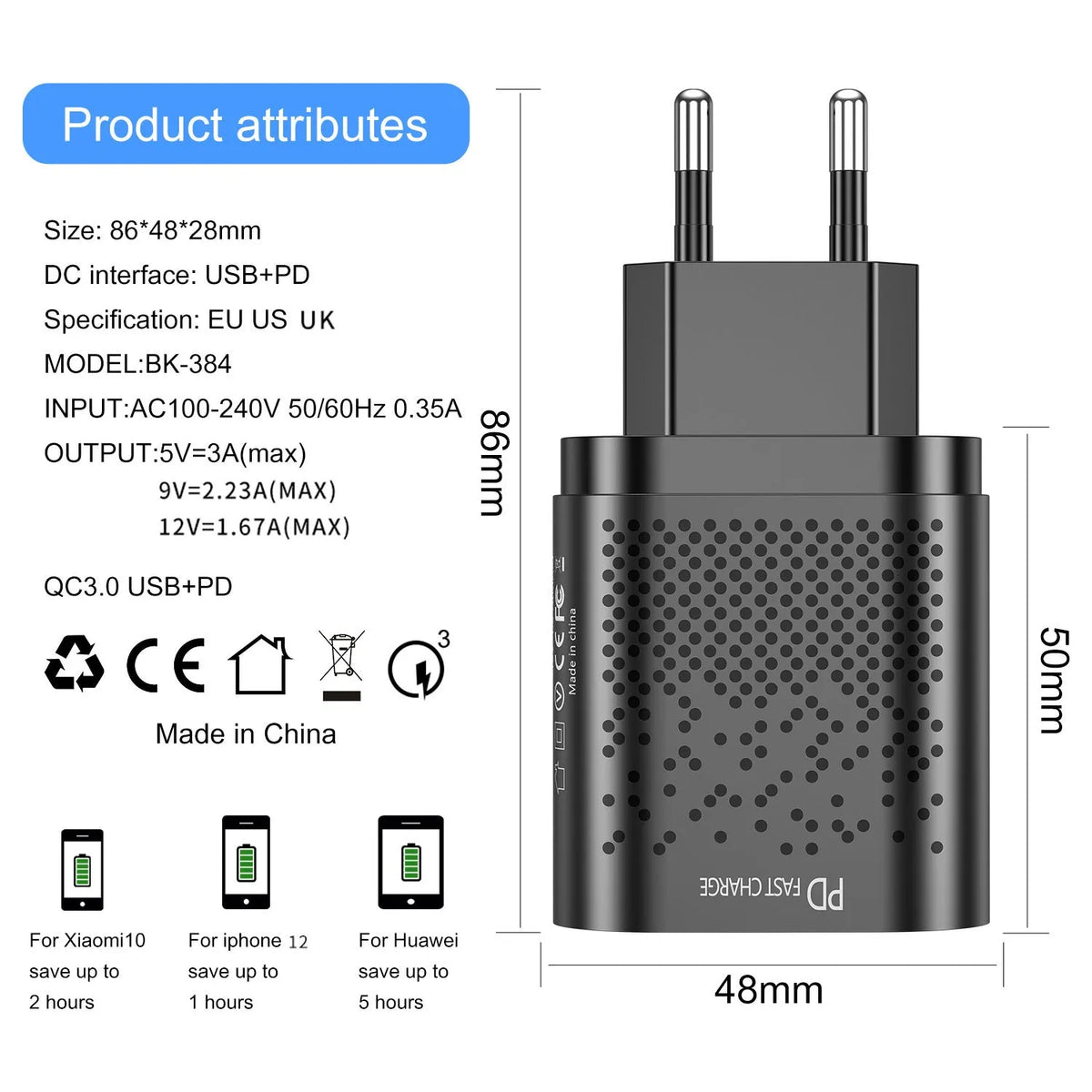 20W dual port QC3.0 PD charging head in black or white with US EU UK plug options, 50x48x86mm
