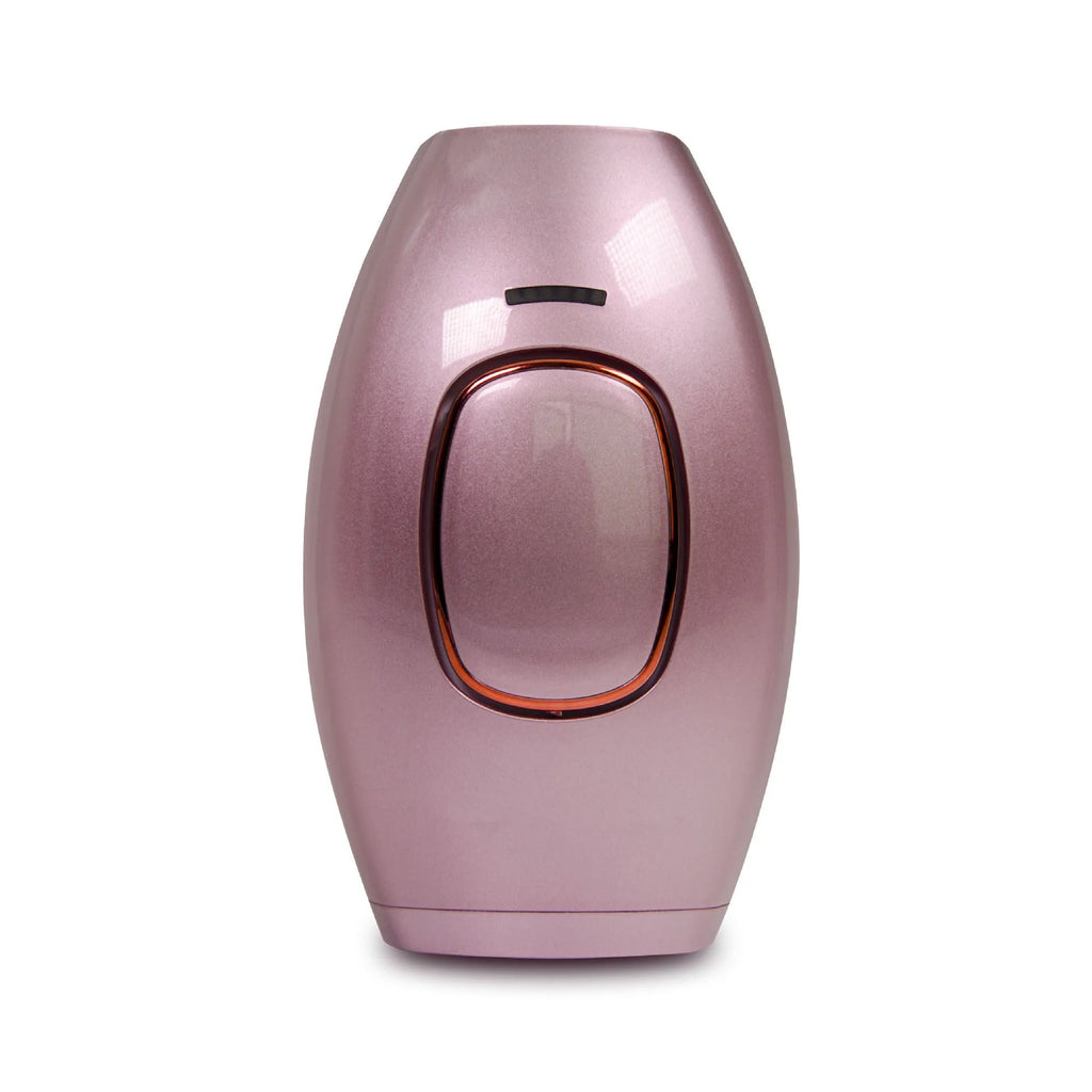 Home laser hair removal device in white, compact ABS body, 124x83x48.5mm, with UK plug adapter
