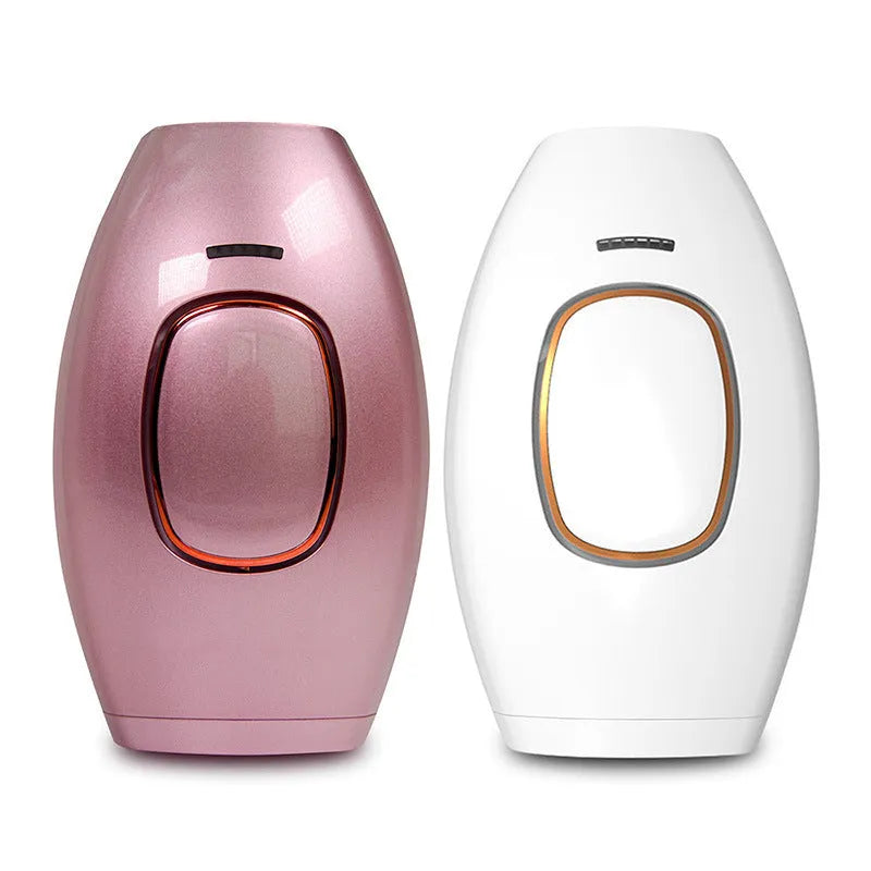 Home laser hair removal device in white, compact ABS body, 124x83x48.5mm, with UK plug adapter