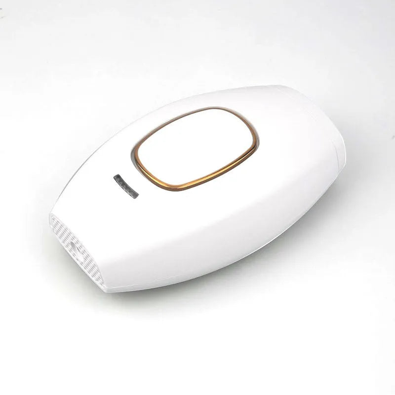 Home laser hair removal device in white, compact ABS body, 124x83x48.5mm, with UK plug adapter