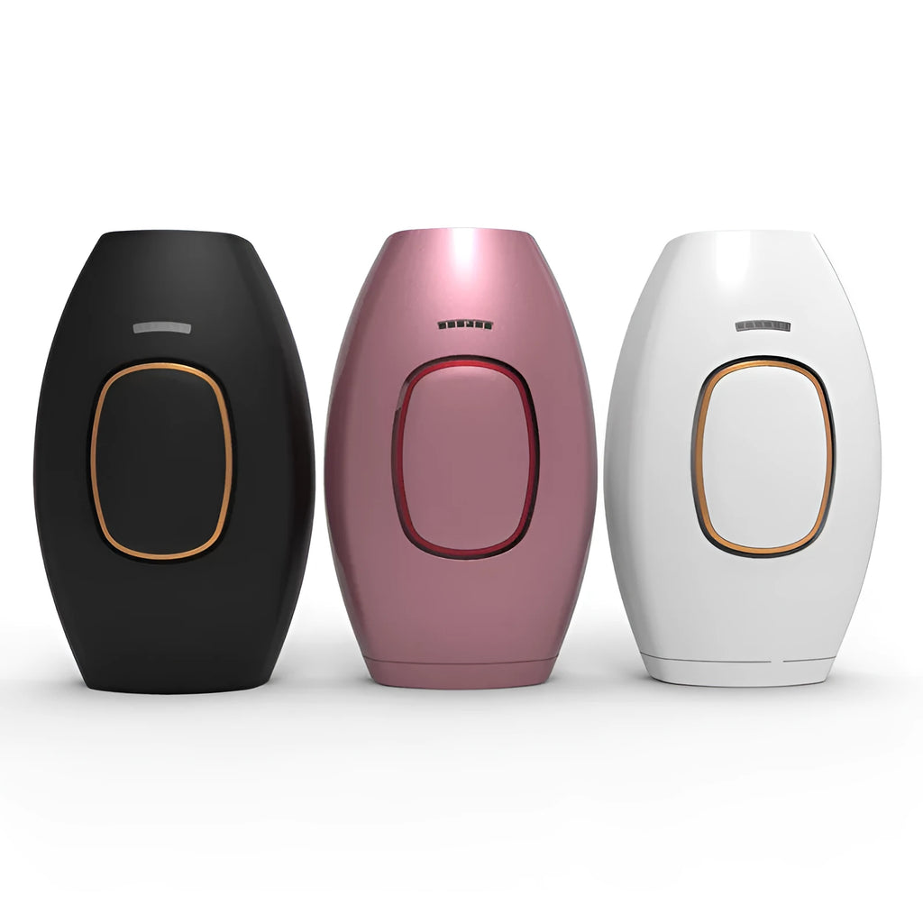 Home laser hair removal device in white, compact ABS body, 124x83x48.5mm, with UK plug adapter