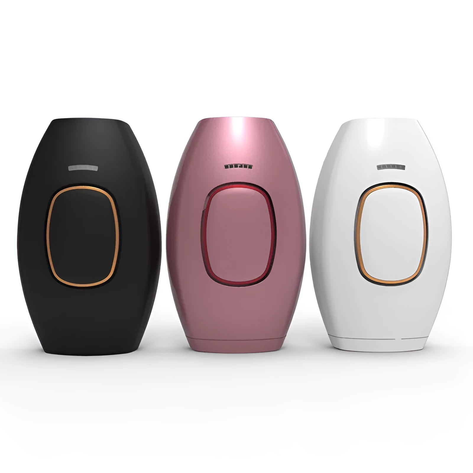 Home laser hair removal device in white, compact ABS body, 124x83x48.5mm, with UK plug adapter