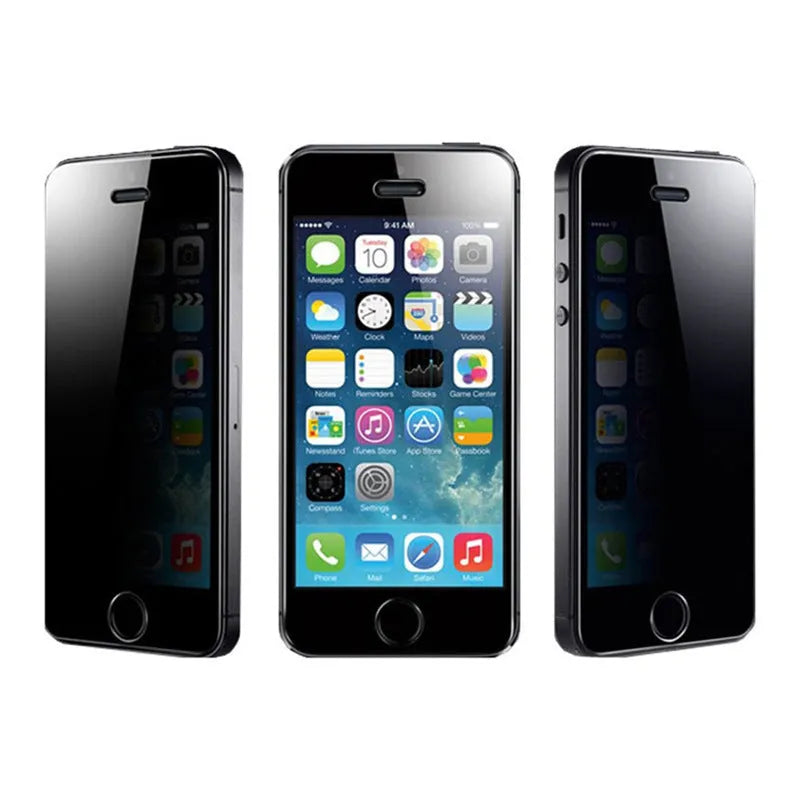 iPhone tempered glass privacy screen protector showing anti-peeping effect from side angles